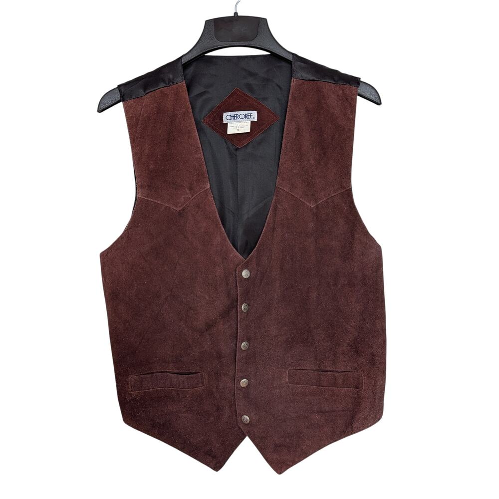 Vintage Cherokee Brown Suede Leather Vest Men’s Medium Western Button Front‎